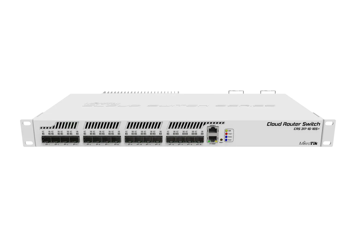MikroTik CRS317-1G-16S+RM – Smart Switch, 1 x Gigabit LAN, 16 x SFP+ cages, Dual Core 800MHz CPU, 1GB…