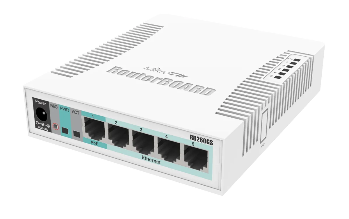MikroTik RB260GS CSS106-5G-1S – 5x Gigabit Ethernet Smart Switch,
SFP cage, 
plastic case,
SwOS