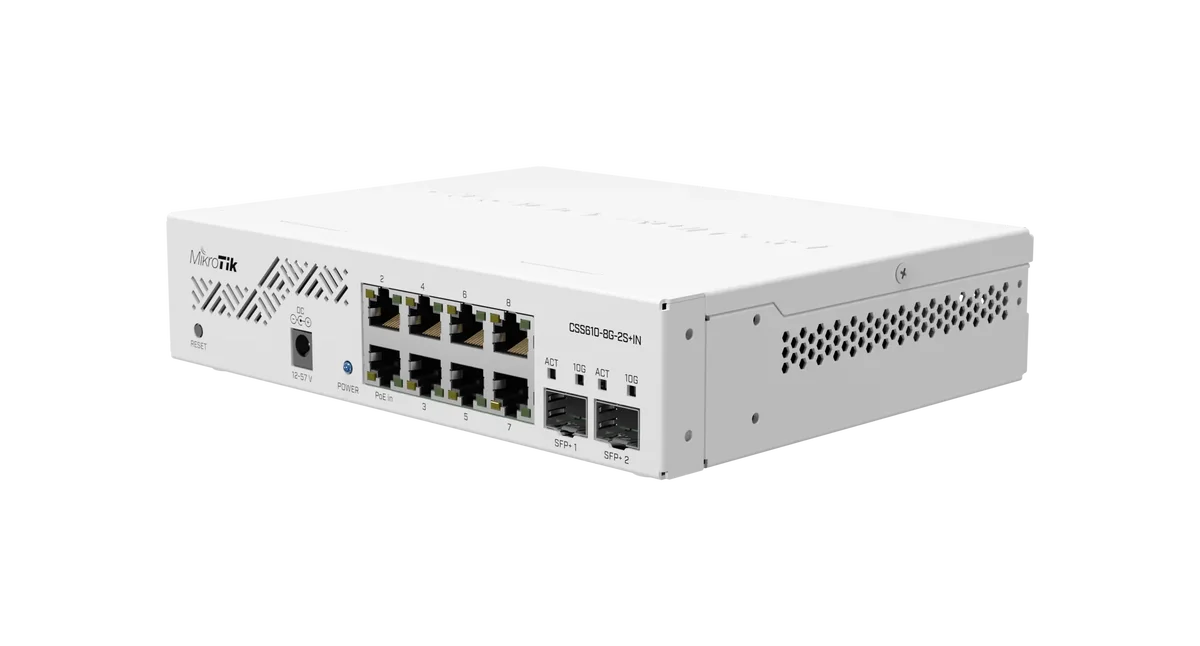 MikroTik CSS610-8G-2S+IN – Eight 1G Ethernet ports and two SFP+ ports for 10G fiber connectivity.…