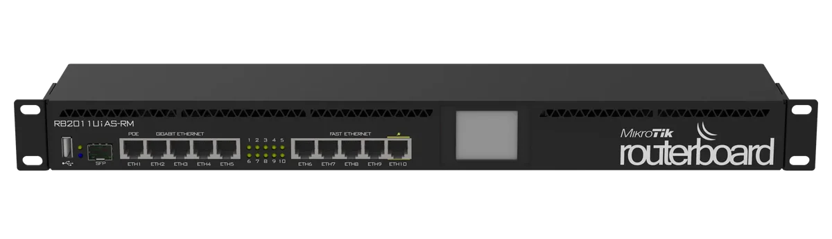 MikroTik RB2011UiAS-RM – 1U rackmount,
5xEthernet, 5xGigabit Ethernet, USB, LCD,
PoE out on port…